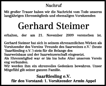 Todesanzeige von Gerhard Steimer von TRIERISCHER VOLKSFREUND