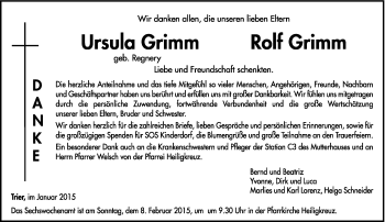 Todesanzeige von Ursula und Rolf Grimm von trierischer_volksfreund