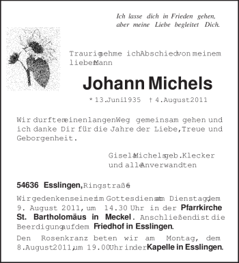 Todesanzeige von Johann Michels von TRIERISCHER VOLKSFREUND