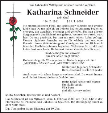 Todesanzeige von Katharina Schneider von TRIERISCHER VOLKSFREUND