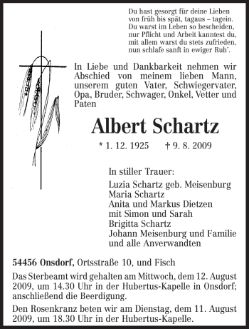Todesanzeige von Albert Schartz von TRIERISCHER VOLKSFREUND