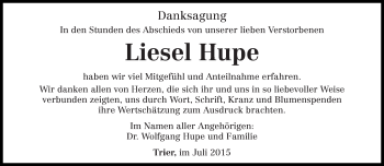 Todesanzeige von Liesel Hupe von trierischer_volksfreund