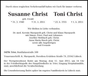 Todesanzeige von Susanne und Toni Christ von trierischer_volksfreund