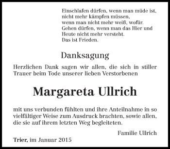 Todesanzeige von Margareta Ullrich von trierischer_volksfreund