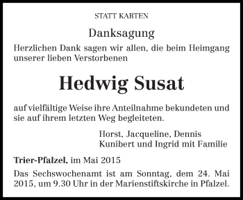 Todesanzeige von Hedwig Susat von trierischer_volksfreund