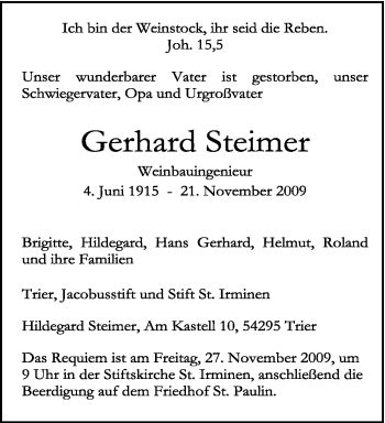 Todesanzeige von Gerhard Steimer von TRIERISCHER VOLKSFREUND