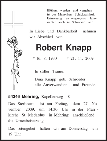 Todesanzeige von Robert Knapp von TRIERISCHER VOLKSFREUND