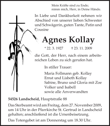 Todesanzeige von Agnes Kollay von TRIERISCHER VOLKSFREUND