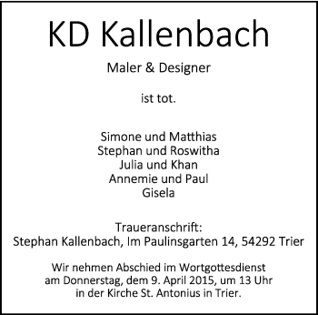 Todesanzeige von K d Kallenbach von trierischer_volksfreund