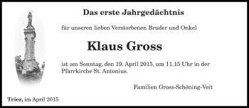 Todesanzeige von Klaus Gross von trierischer_volksfreund