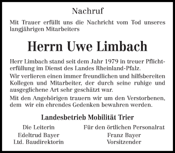 Todesanzeige von Uwe Limbach von trierischer_volksfreund