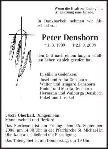 Todesanzeige von Peter Densborn von TRIERISCHER VOLKSFREUND