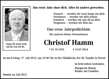 Todesanzeige von Christof Hamm von trierischer_volksfreund