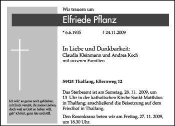 Todesanzeige von Elfriede Pflanz von TRIERISCHER VOLKSFREUND