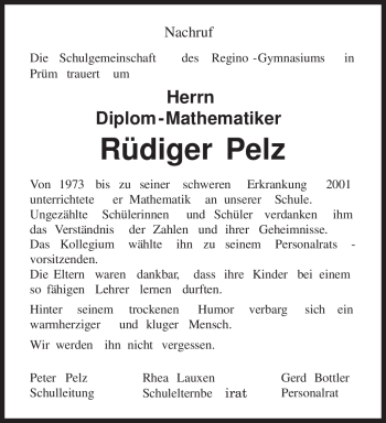 Todesanzeige von Rüdiger Pelz von TRIERISCHER VOLKSFREUND