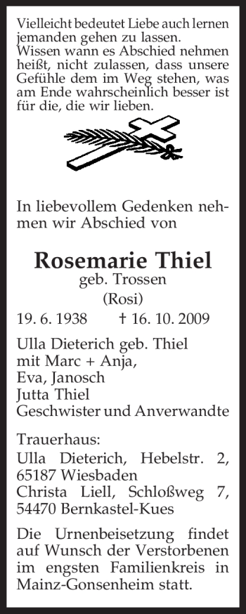 Todesanzeige von Rosemarie Thiel von TRIERISCHER VOLKSFREUND