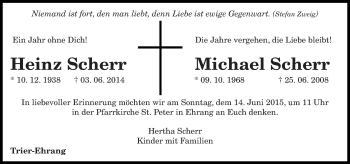 Todesanzeige von Heinz und Michael Scherr von trierischer_volksfreund