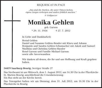 Todesanzeige von Monika Gehlen von TRIERISCHER VOLKSFREUND