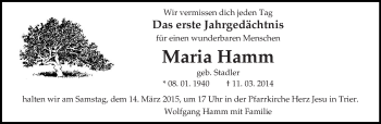 Todesanzeige von Maria Hamm von trierischer_volksfreund