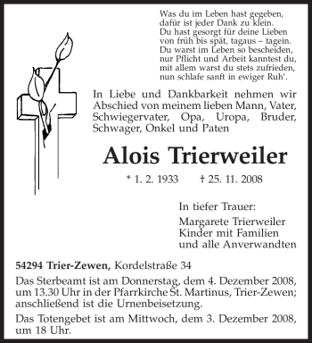 Todesanzeige von Alois Trierweiler von TRIERISCHER VOLKSFREUND