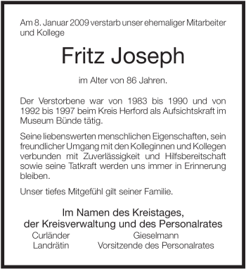 Todesanzeige von Fritz Joseph von TRIERISCHER VOLKSFREUND