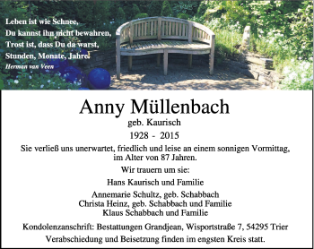 Todesanzeige von Anny Müllenbach von trierischer_volksfreund