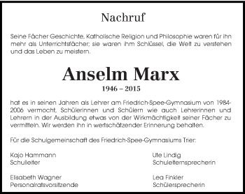 Todesanzeige von Anselm Marx von trierischer_volksfreund