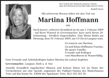 Todesanzeige von Martina Hoffmann von TRIERISCHER VOLKSFREUND