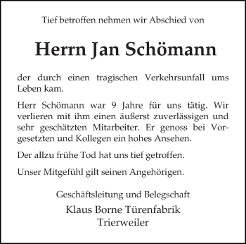 Todesanzeige von Jan Schömann von trierischer_volksfreund