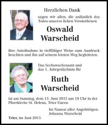 Todesanzeige von Oswald und Ruth Warscheid von trierischer_volksfreund