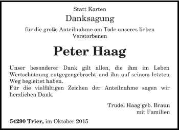 Todesanzeige von Peter Haag von trierischer_volksfreund