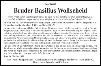 Todesanzeige von Basilius Wollscheid von trierischer_volksfreund