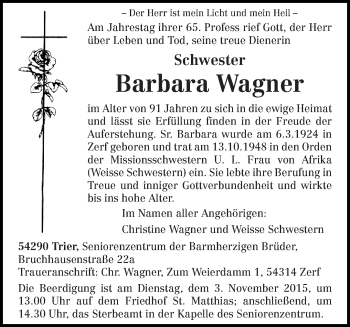 Todesanzeige von Barbara Wagner von trierischer_volksfreund