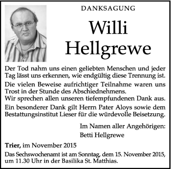 Todesanzeige von Willi Hellgrewe von trierischer_volksfreund