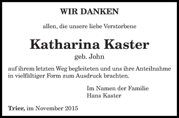 Todesanzeige von Katharina Kaster von trierischer_volksfreund