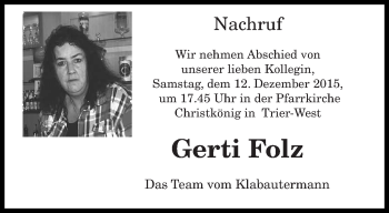 Todesanzeige von Gerti Folz von trierischer_volksfreund