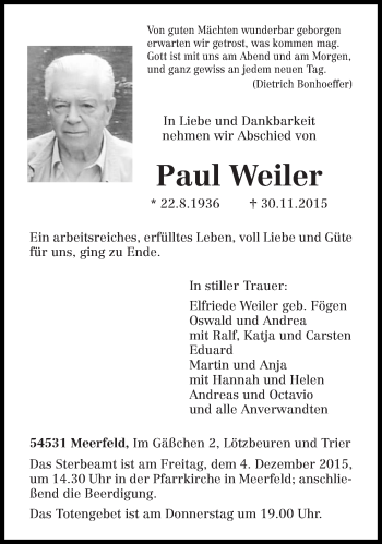 Todesanzeige von Paul Weiler von trierischer_volksfreund