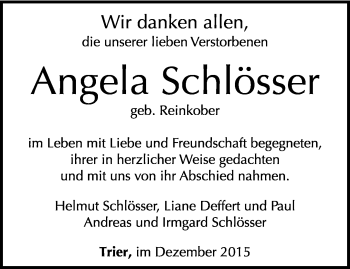 Todesanzeige von Angela Schlösser von trierischer_volksfreund