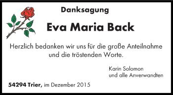 Todesanzeige von Eva Maria Back von trierischer_volksfreund