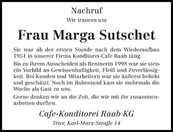 Todesanzeige von Marga Sutschet von trierischer_volksfreund