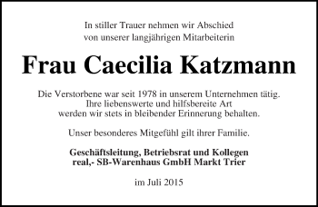 Todesanzeige von Caecilia Katzmann von trierischer_volksfreund