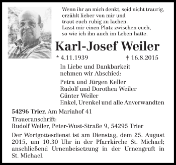 Todesanzeige von Karl-Josef Weiler von trierischer_volksfreund