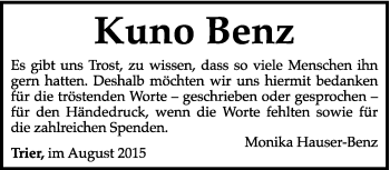 Todesanzeige von Kuno Benz von trierischer_volksfreund