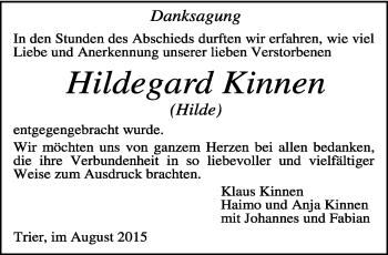 Todesanzeige von Hildegard Kinnen von trierischer_volksfreund