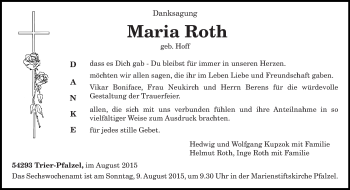 Todesanzeige von Maria Roth von trierischer_volksfreund