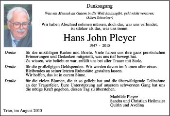 Todesanzeige von Hans John Pleyer von trierischer_volksfreund