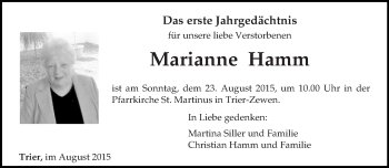 Todesanzeige von Marianne Hamm von trierischer_volksfreund