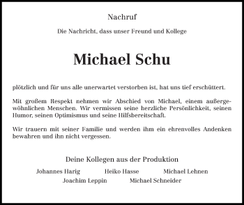 Todesanzeige von Michael Schu von trierischer_volksfreund