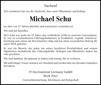 Todesanzeige von Michael Schu von trierischer_volksfreund