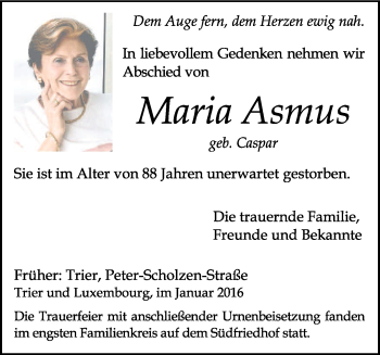 Todesanzeige von Maria Asmus von trierischer_volksfreund